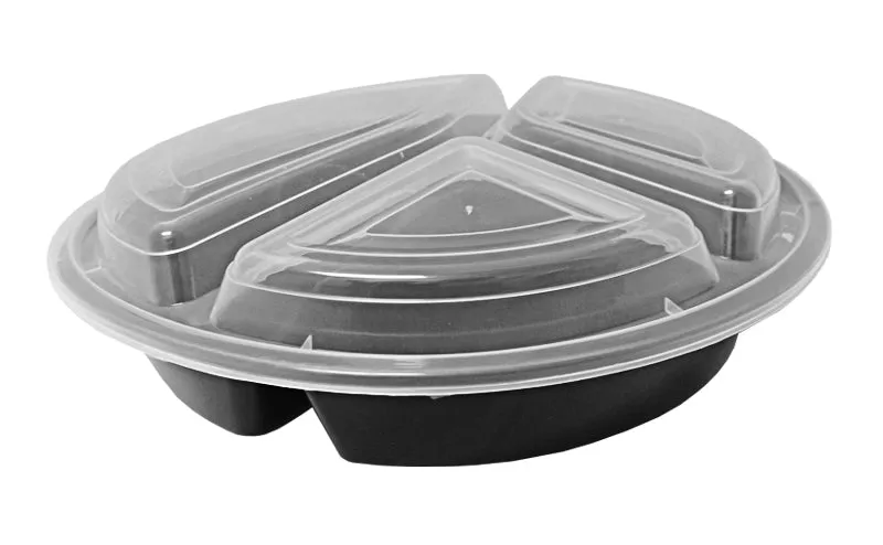 39 oz. Round Black 9" Container 3 Compartment w/Lid Combo 150/CS