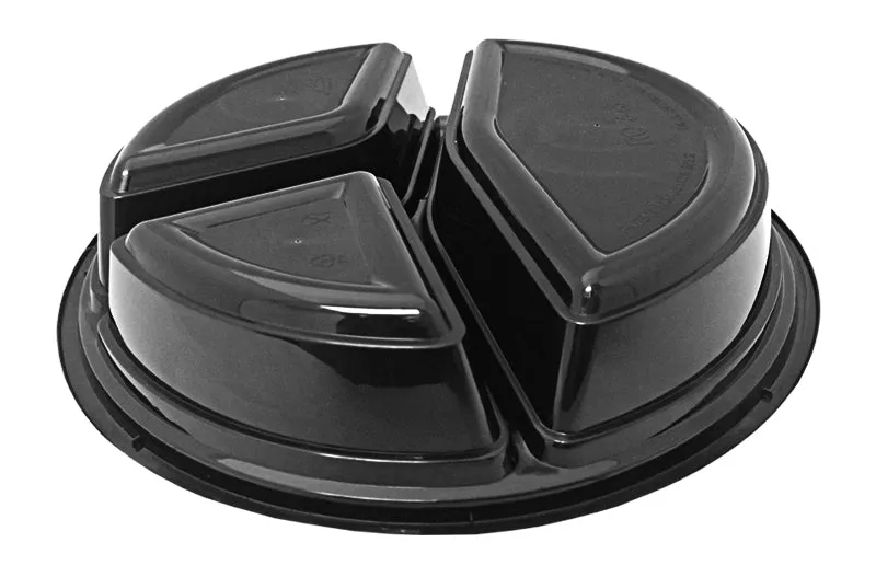 39 oz. Round Black 9" Container 3 Compartment w/Lid Combo 150/CS