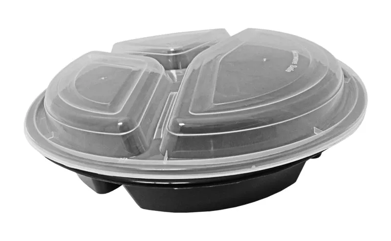 39 oz. Round Black 9" Container 3 Compartment w/Lid Combo 150/CS