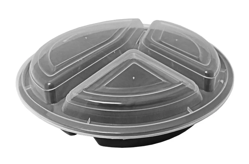 39 oz. Round Black 9" Container 3 Compartment w/Lid Combo 150/CS