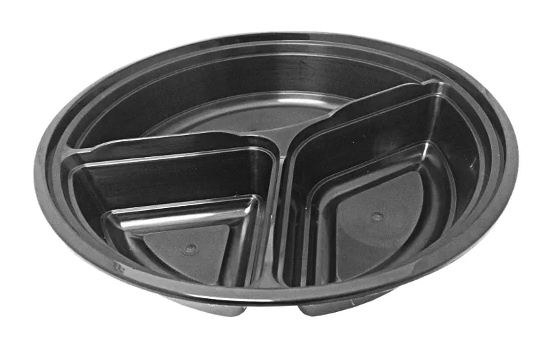 39 oz. Round Black 9" Container 3 Compartment w/Lid Combo 150/CS