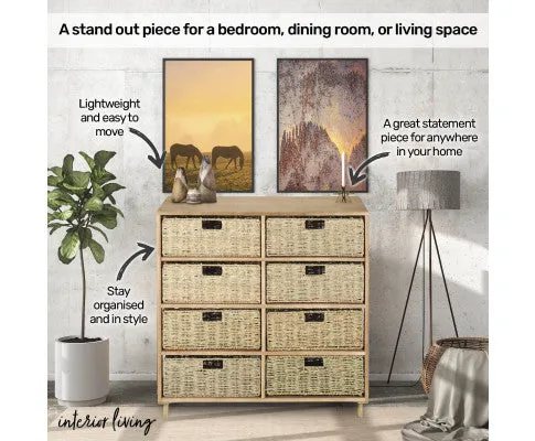 8 Drawer Natural Seagrass Wooden Storage Chest Stylish 85cm