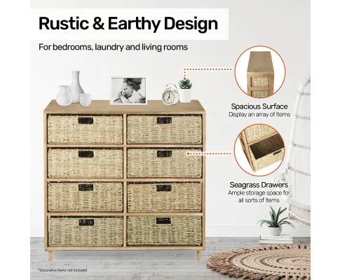 8 Drawer Natural Seagrass Wooden Storage Chest Stylish 85cm