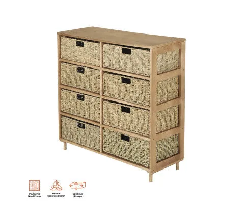 8 Drawer Natural Seagrass Wooden Storage Chest Stylish 85cm