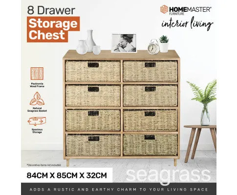 8 Drawer Natural Seagrass Wooden Storage Chest Stylish 85cm