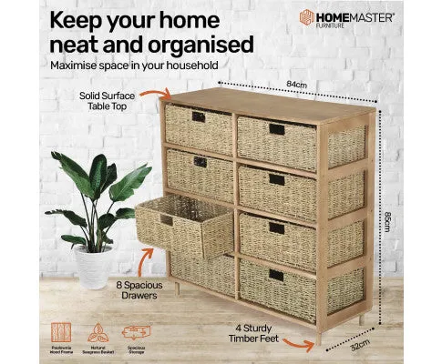 8 Drawer Natural Seagrass Wooden Storage Chest Stylish 85cm