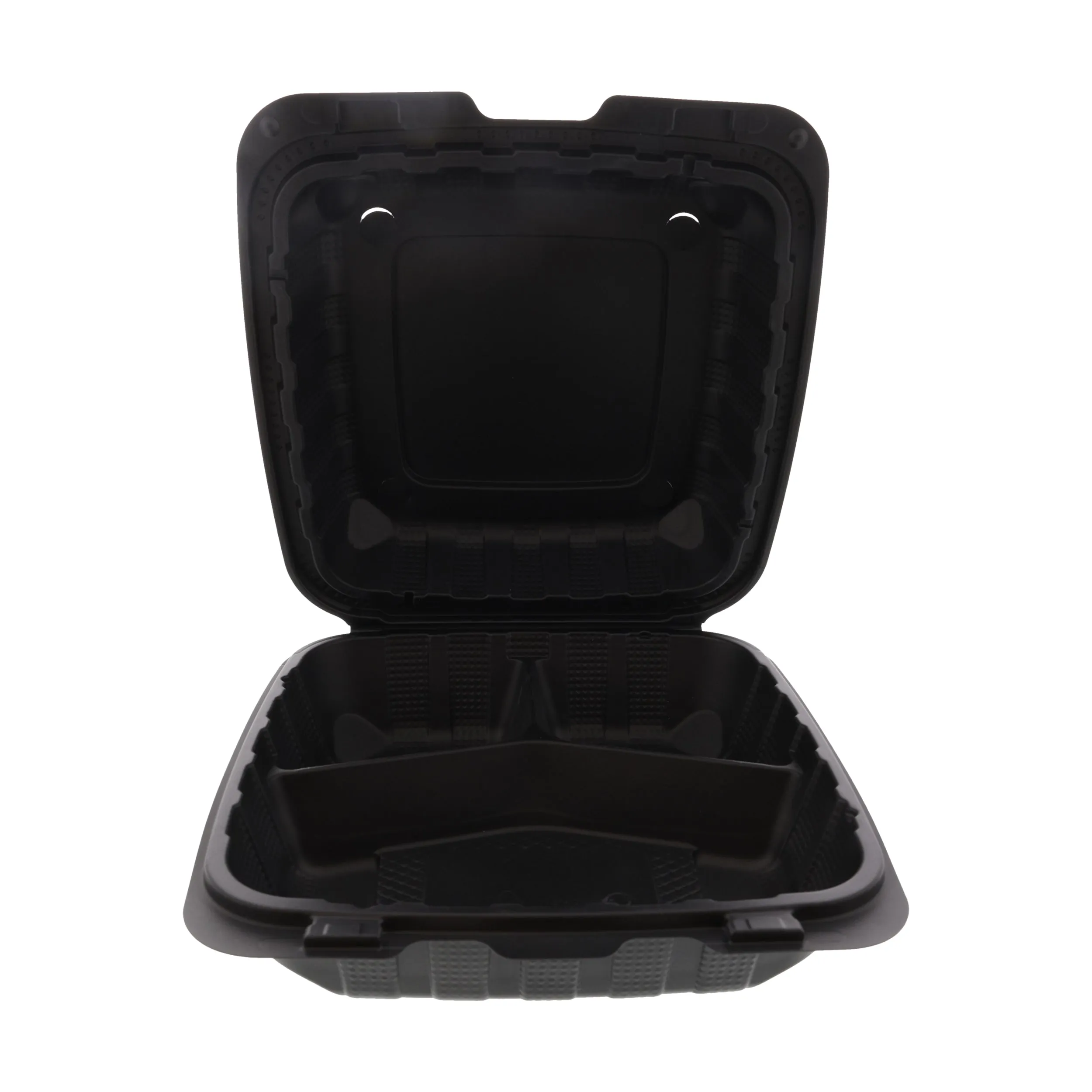 8" x 8" x 3" Lightweight Medium 3 Section Mineral Filled PP Vented Black Clamshell/Hinged Lid Containers, Case of 200
