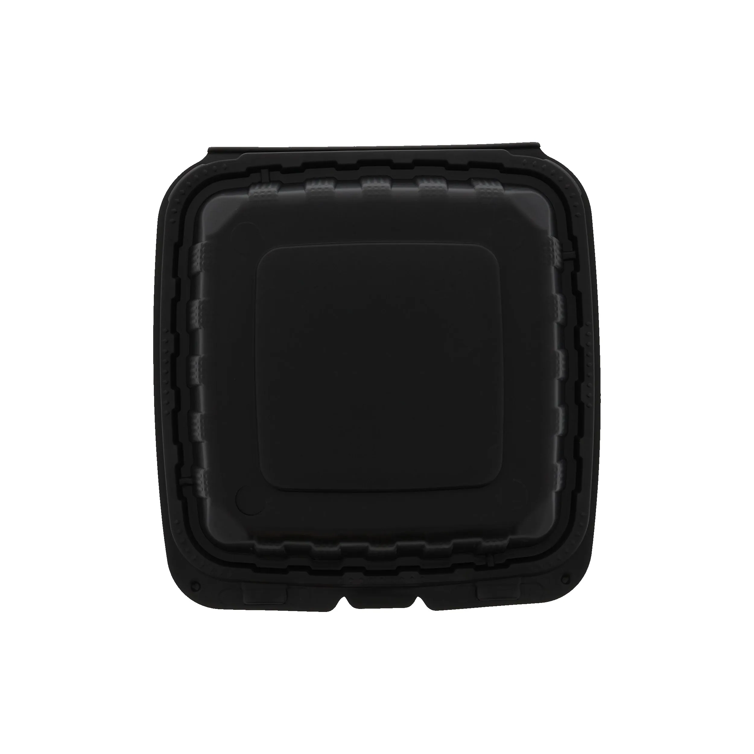 8" x 8" x 3" Lightweight Medium 3 Section Mineral Filled PP Vented Black Clamshell/Hinged Lid Containers, Case of 200