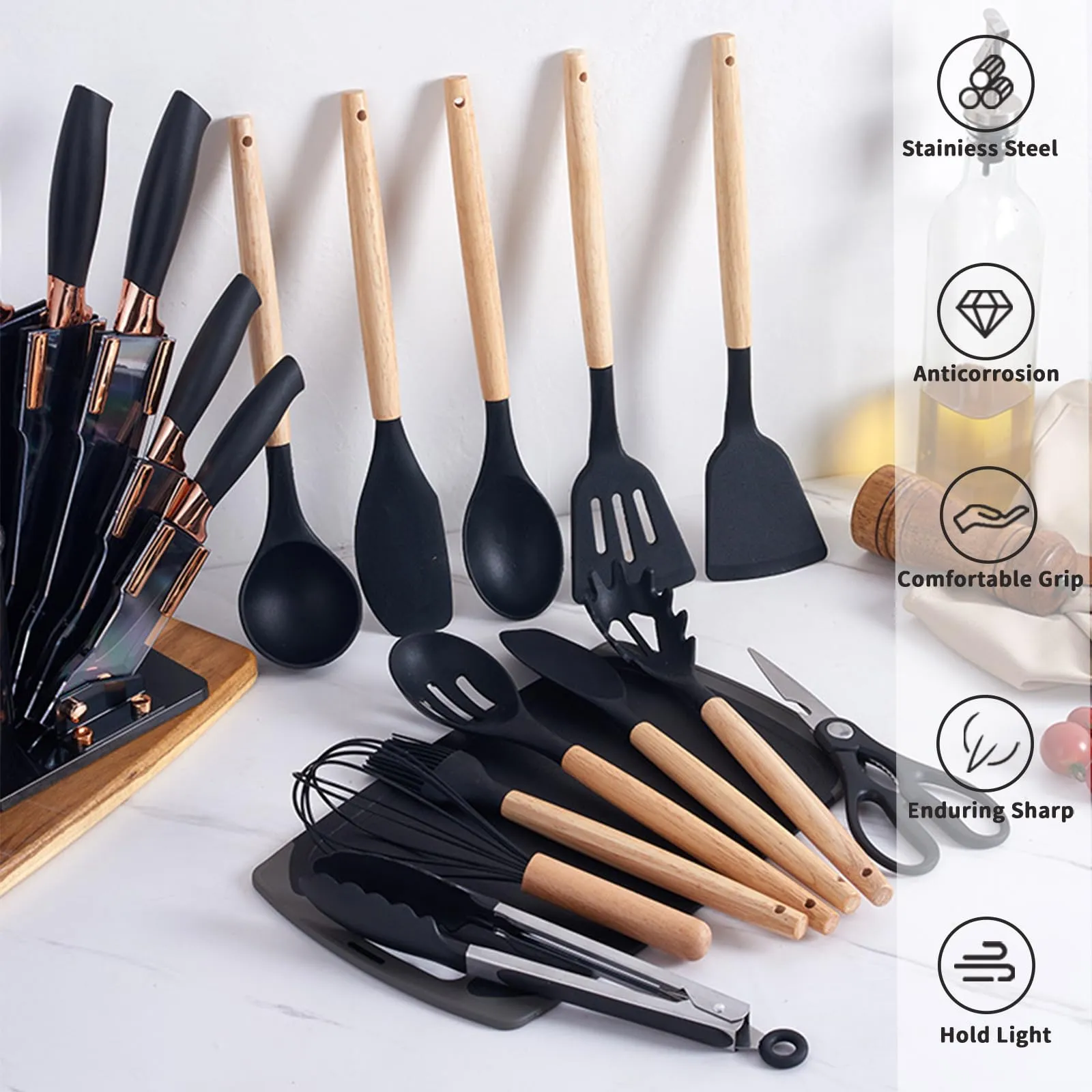 Cooking Utensils Set, 19 Pieces Silicone Kitchen Utensil Set with Holder Super Sharp Stainless Steel Kitchen Knife Set and Kitchen Tool Set, Home & Kitchen Accessories Cookware Set (Black)