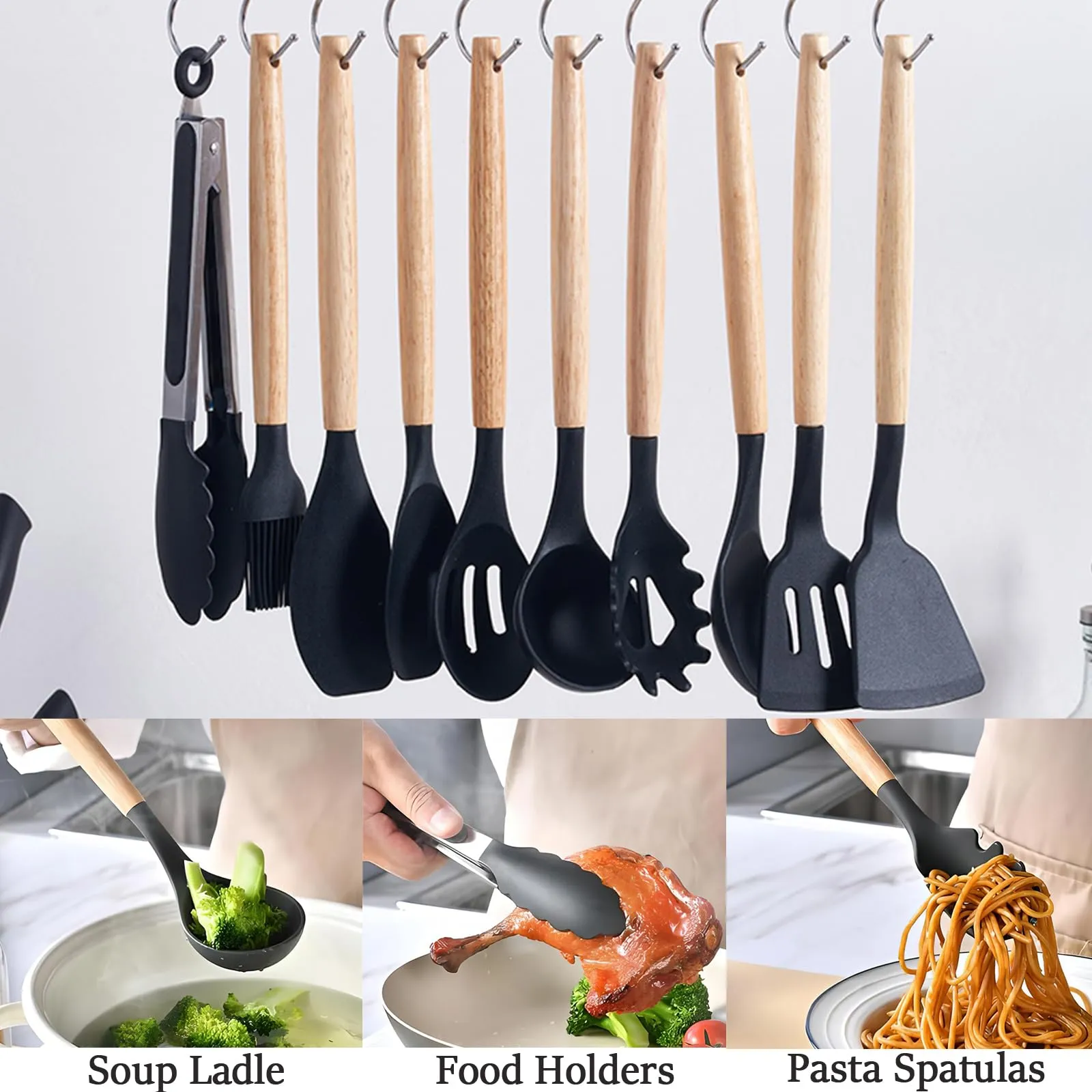 Cooking Utensils Set, 19 Pieces Silicone Kitchen Utensil Set with Holder Super Sharp Stainless Steel Kitchen Knife Set and Kitchen Tool Set, Home & Kitchen Accessories Cookware Set (Black)