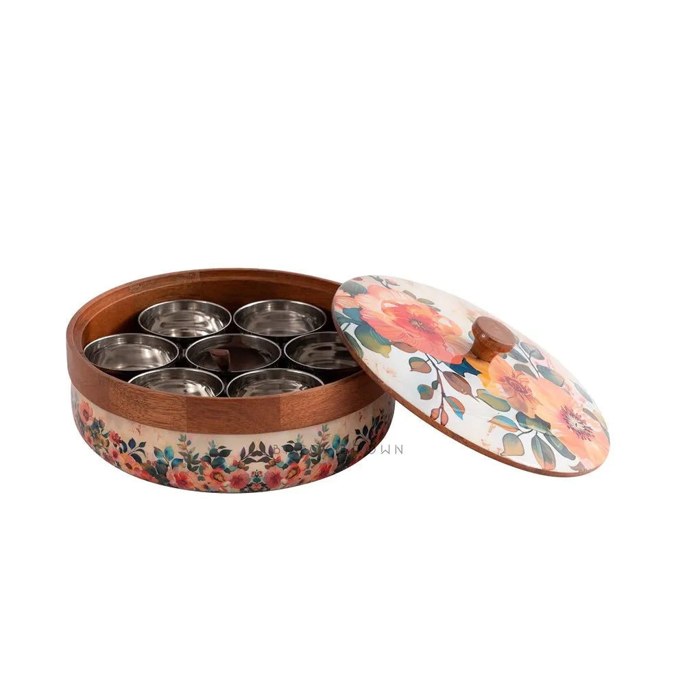 Durable Pastel Flora Wooden Spice Box with Wooden Spoon