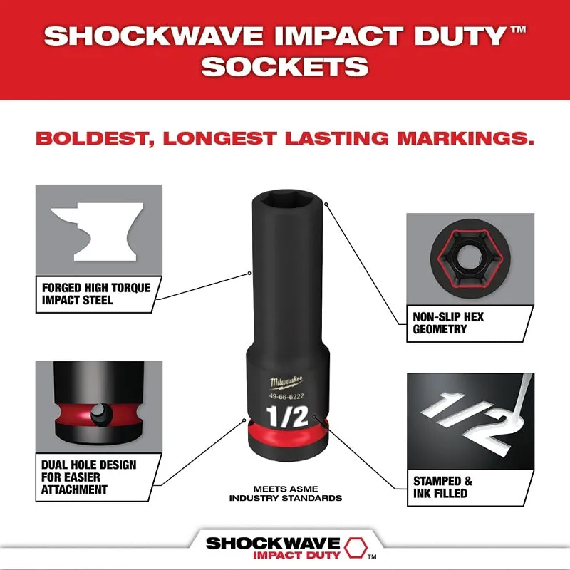 Milwaukee SHOCKWAVE Impact Duty Series 49-66-6804 Socket Set, Chrome Molybdenum Steel, Specifications: 1/2 in Drive :SET: QUANTITY: 1