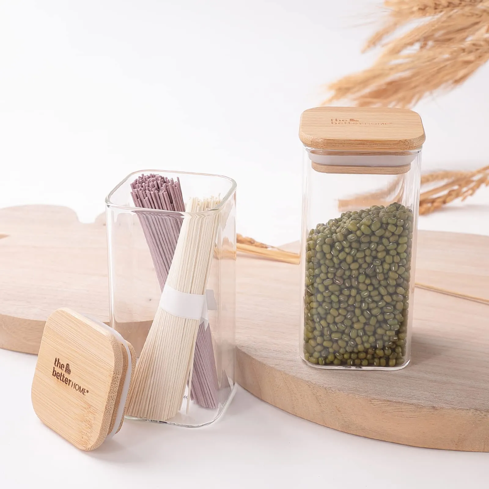 The Better Home Pack of 2 Kitchen Accessories Item with Bamboo Lid I Rectangular Transparent Airtight Borosilicate Kitchen Containers Set | Glass Jars for Cookies Snacks Tea Coffee Sugar | 300 ml Each