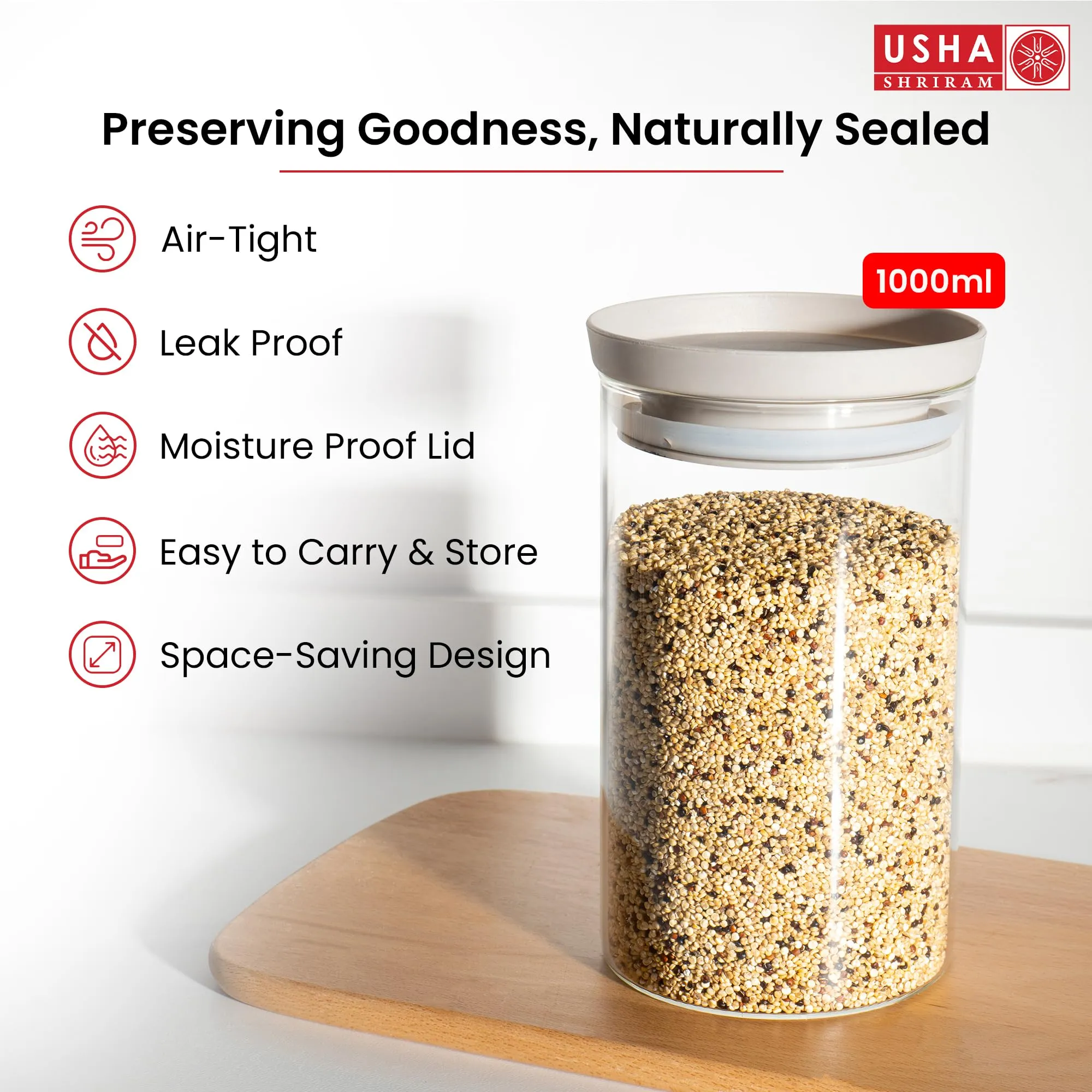 USHA SHRIRAM Borosilicate Food Storage Container With Airtight Lid (1L)|Fridge Side Door Organiser Box| Vegetable Organiser For Fridge| Kitchen Organiser Items & Storage Boxes | Idli Batter Container